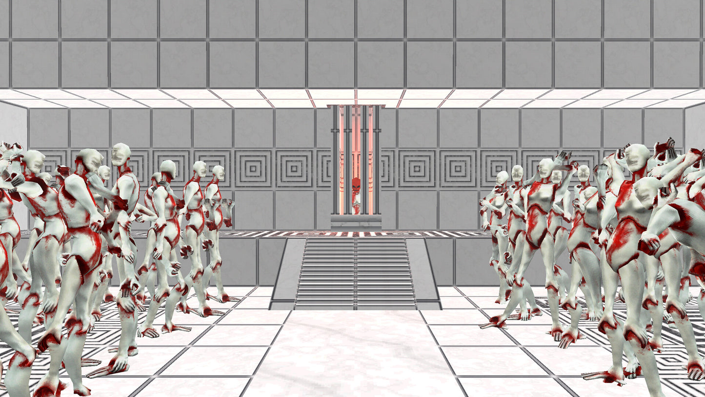 Robot-like figures in a futuristic indoor setting with a central็ฅญๅ.