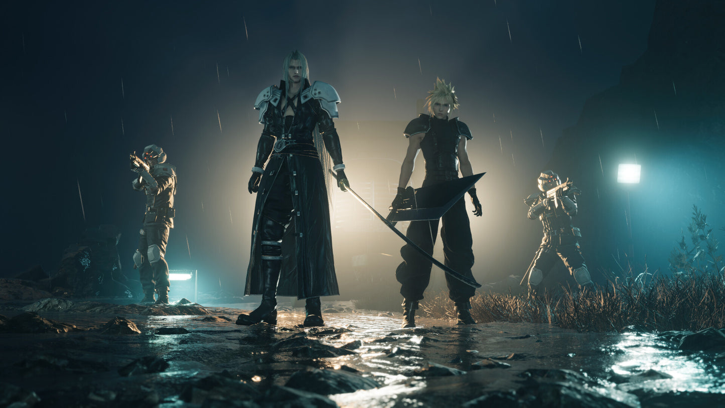 Four characters in fantasy armor standing in a dark, misty landscape with a spotlight effect.