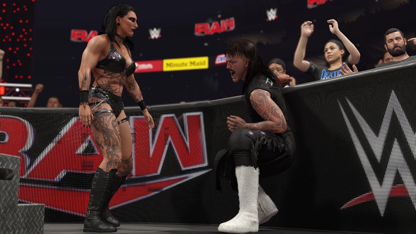 Wrestlers on a WWE Raw event with 'RAW' branding in the background.