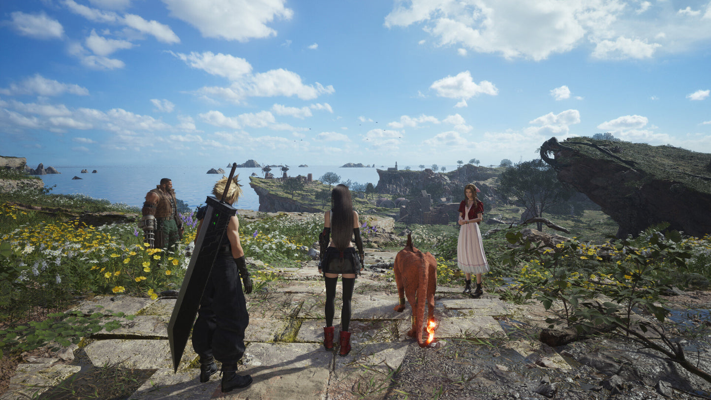 Group of people standing on a stone path overlooking a scenic landscape with a dragon in the background.