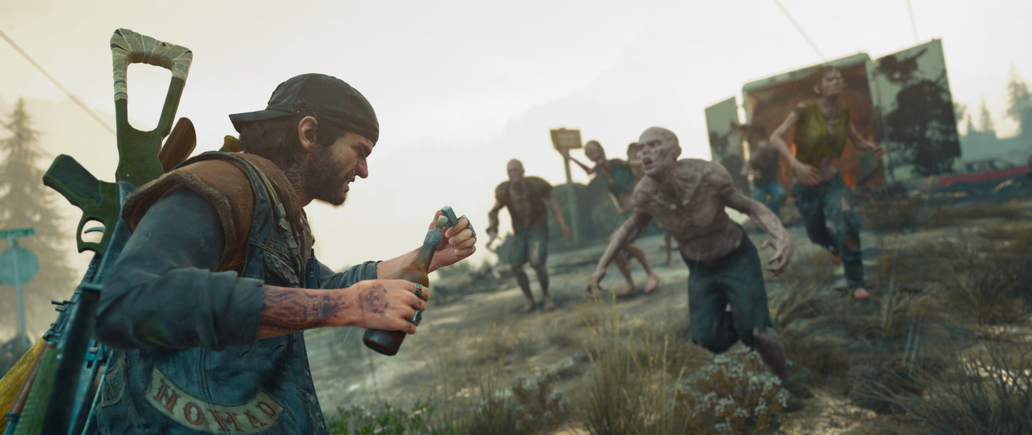 Character holding a bottle amidst zombies in a post-apocalyptic setting