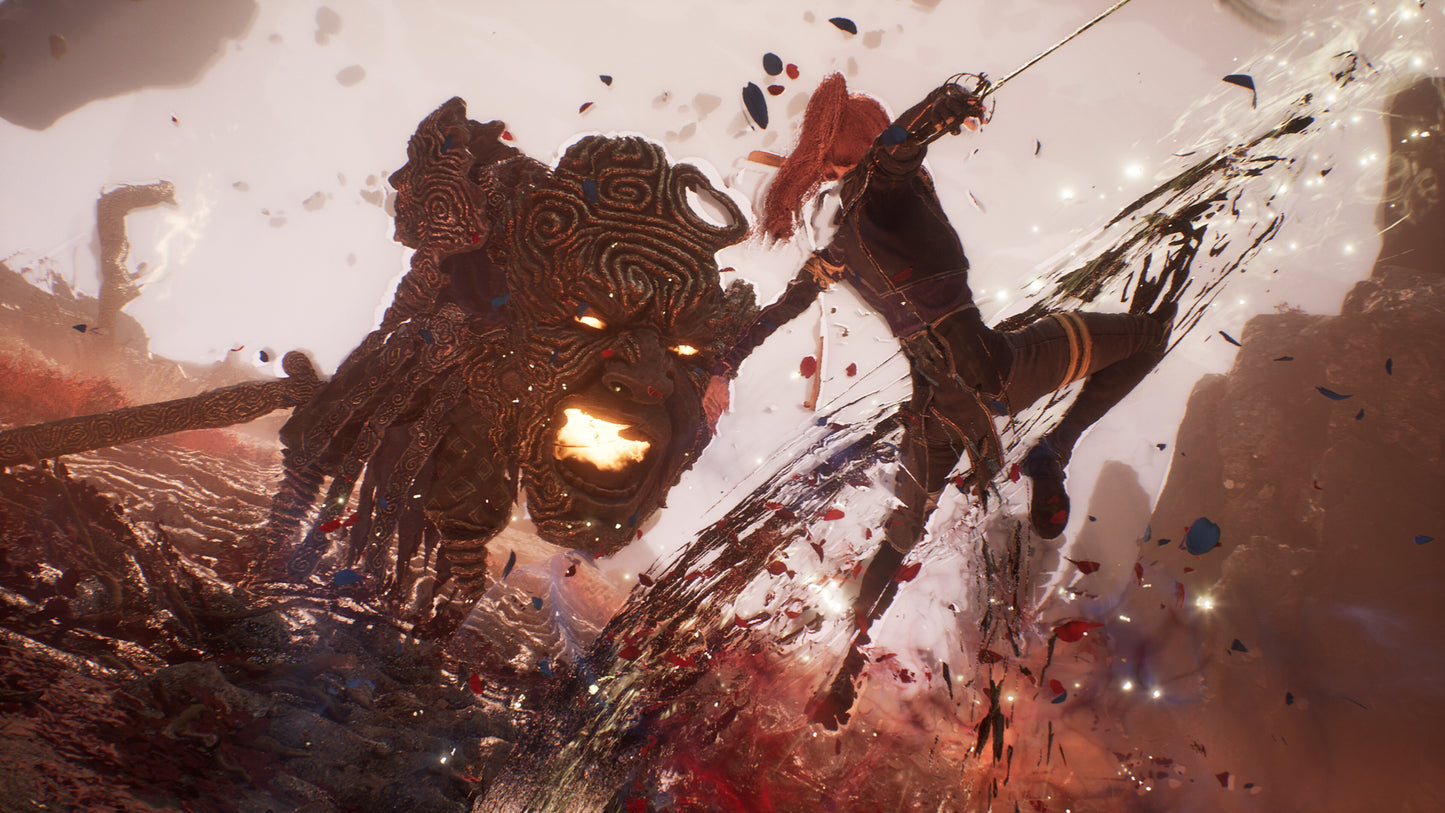 Two warriors in a battle scene with dynamic poses and dramatic lighting.