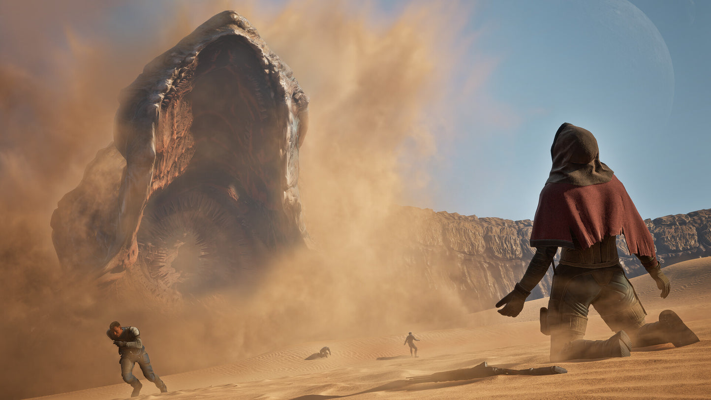 Two people in a desert landscape with a large creature in the background