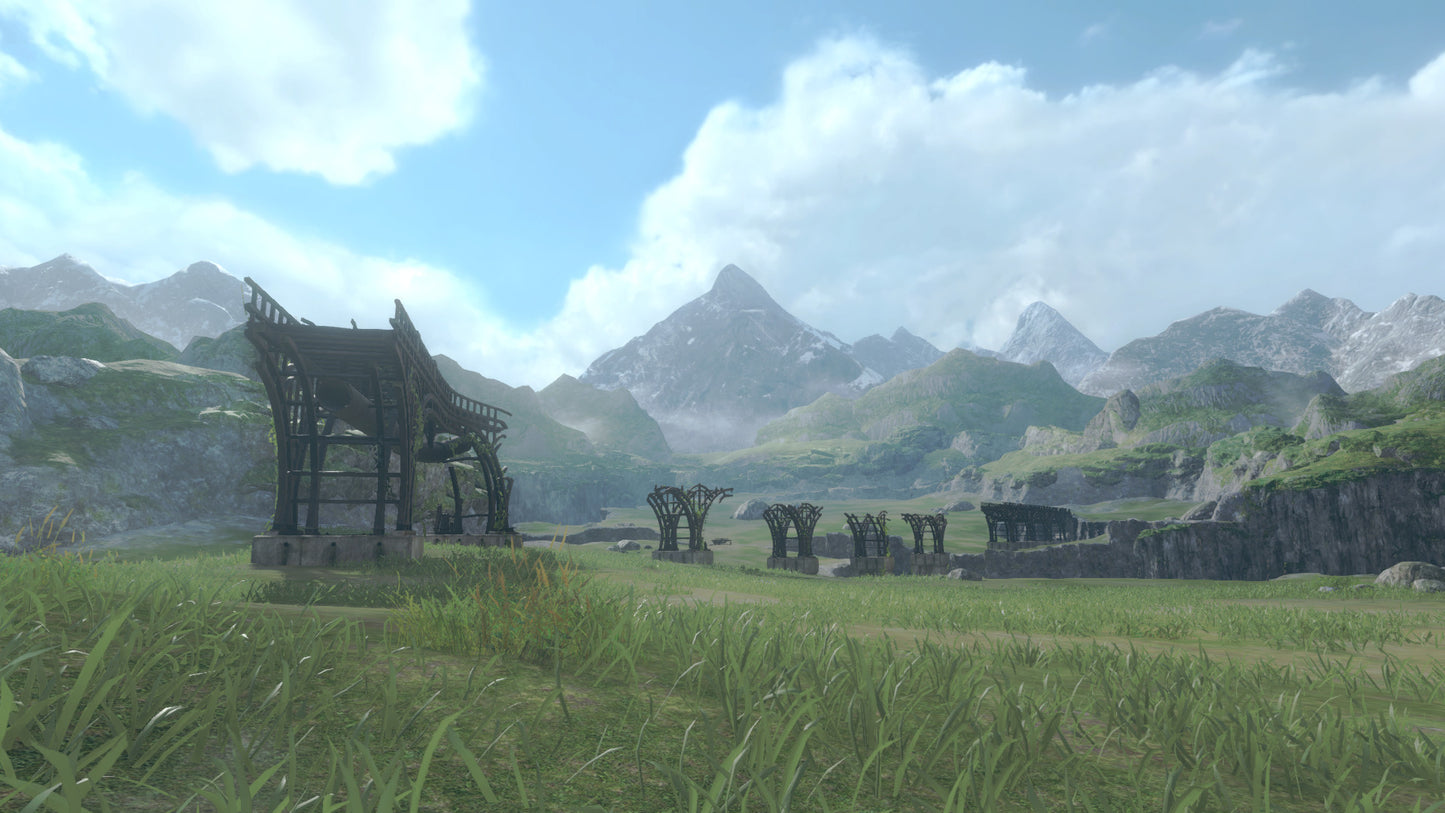 Scenic landscape with ruins and mountains in the background