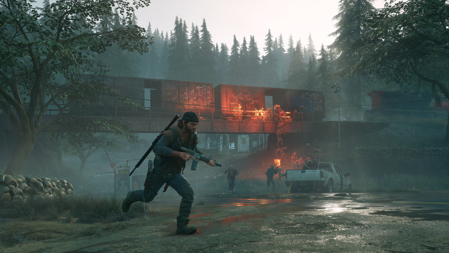Person holding a weapon in a foggy, post-apocalyptic setting with a building on fire in the background.