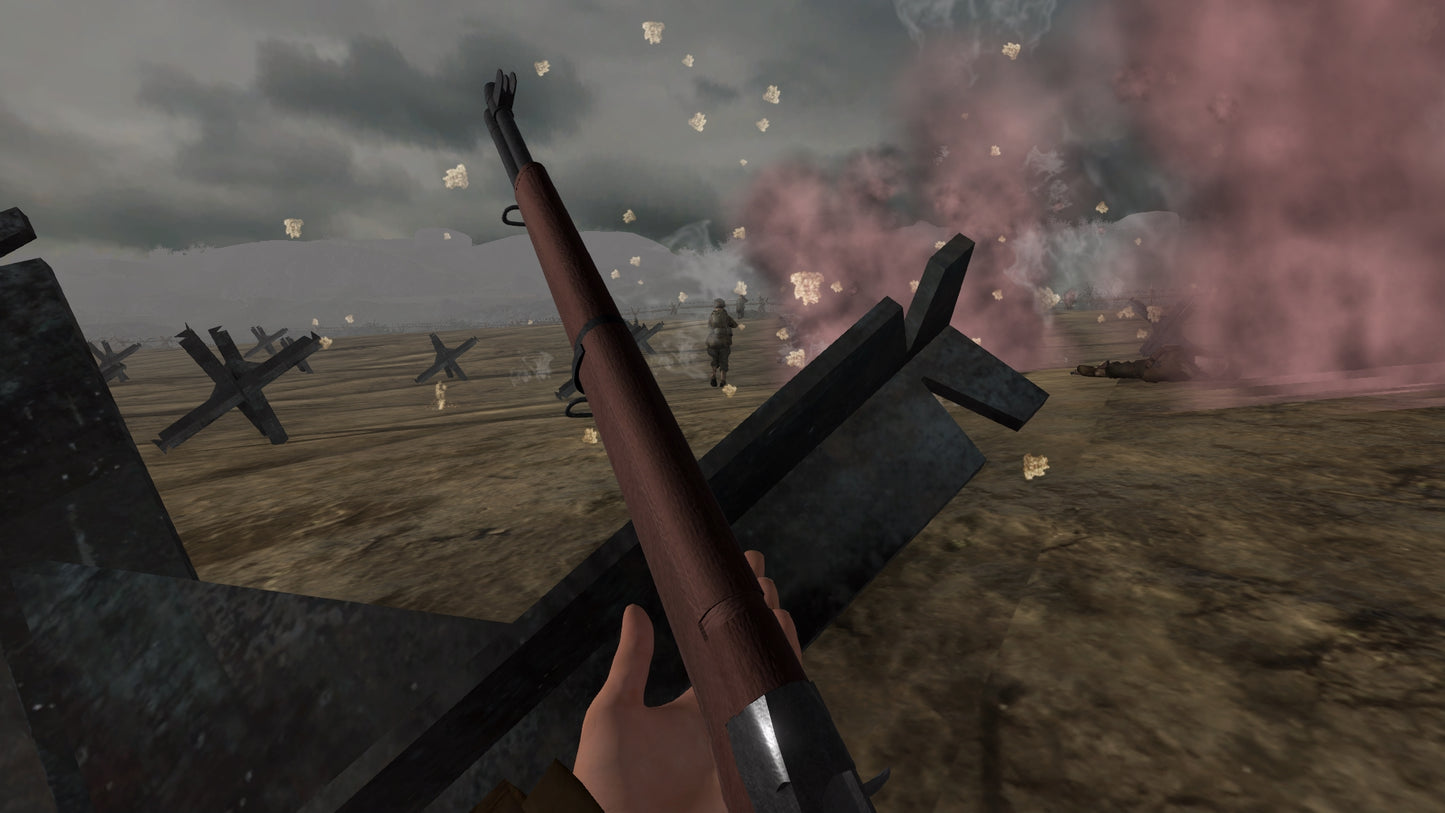 First-person view of a gun with a battlefield scene in the background