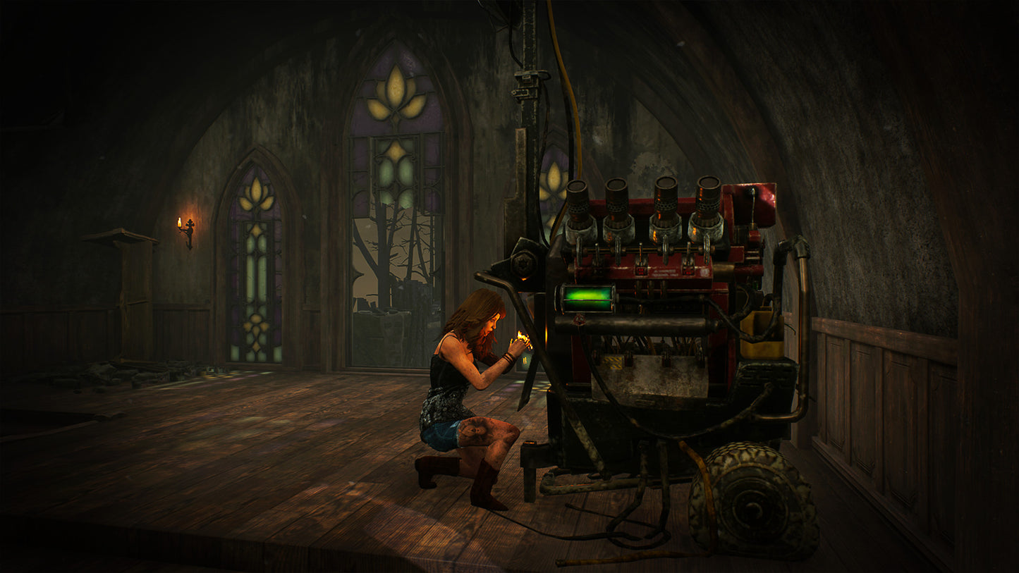 Woman kneeling in front of a large, intricate machine in a dimly lit room with stained glass windows.