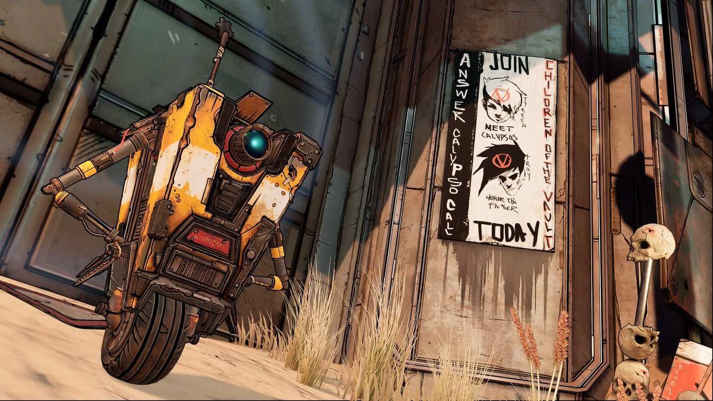 Mechanical robot in a desert-like setting with a poster on a wall.