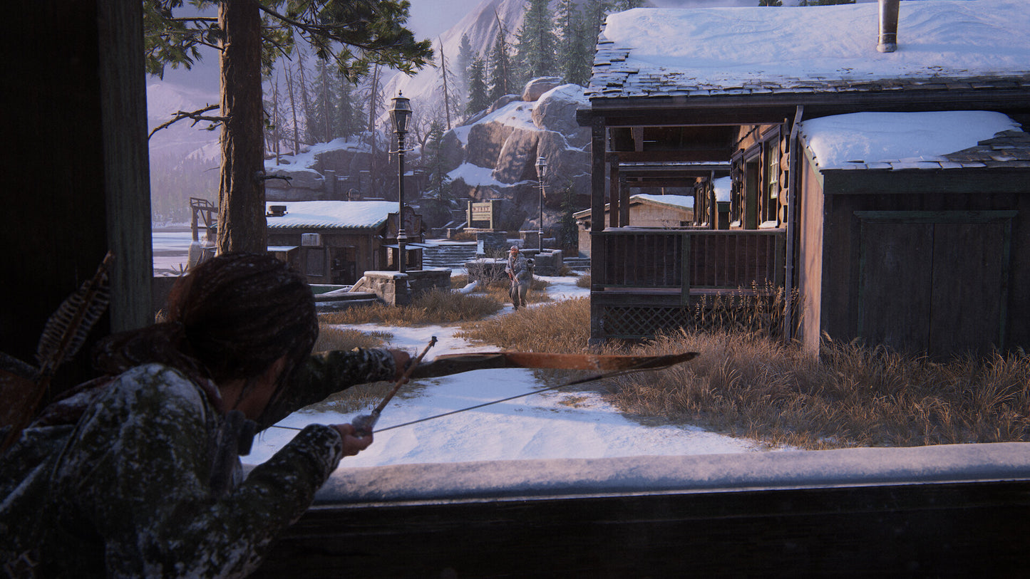 Character in camouflage aiming a bow outside a wooden cabin in a snowy landscape