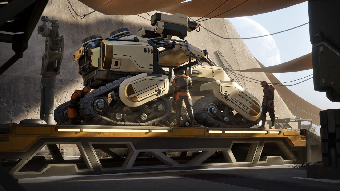Large futuristic robot on a platform with two people in the background