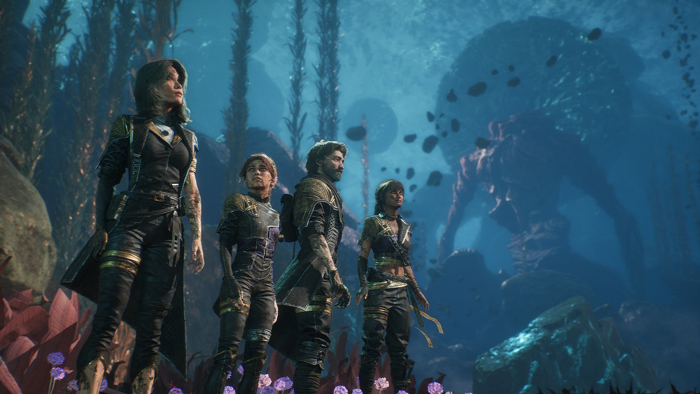 Four characters in futuristic armor standing in a dark, alien landscape with glowing plants.