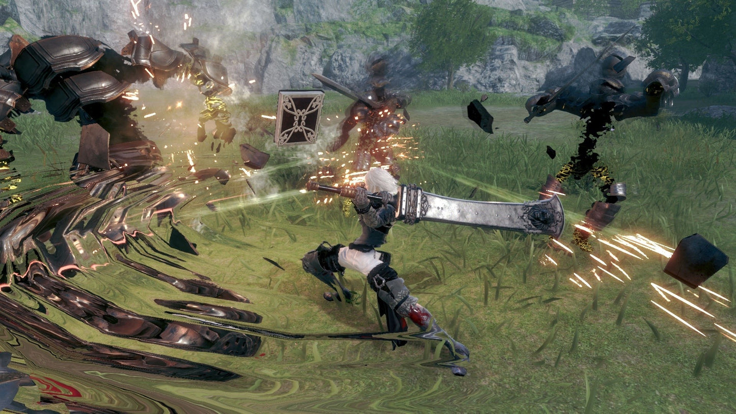 Action-packed scene from a video game with characters in combat on a grassy field.