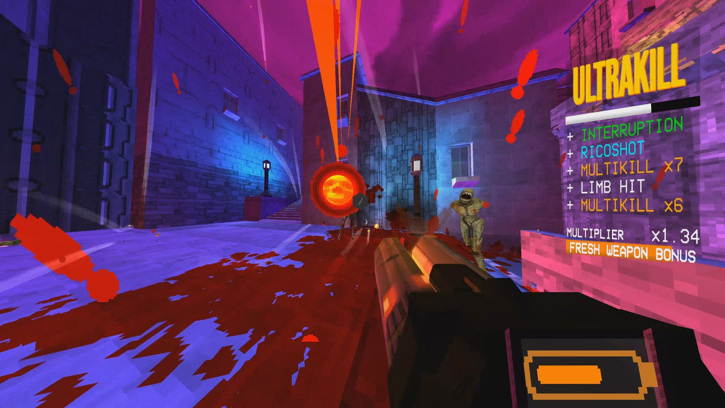 Screenshot of a first-person shooter game with vibrant colors and text on a dark background