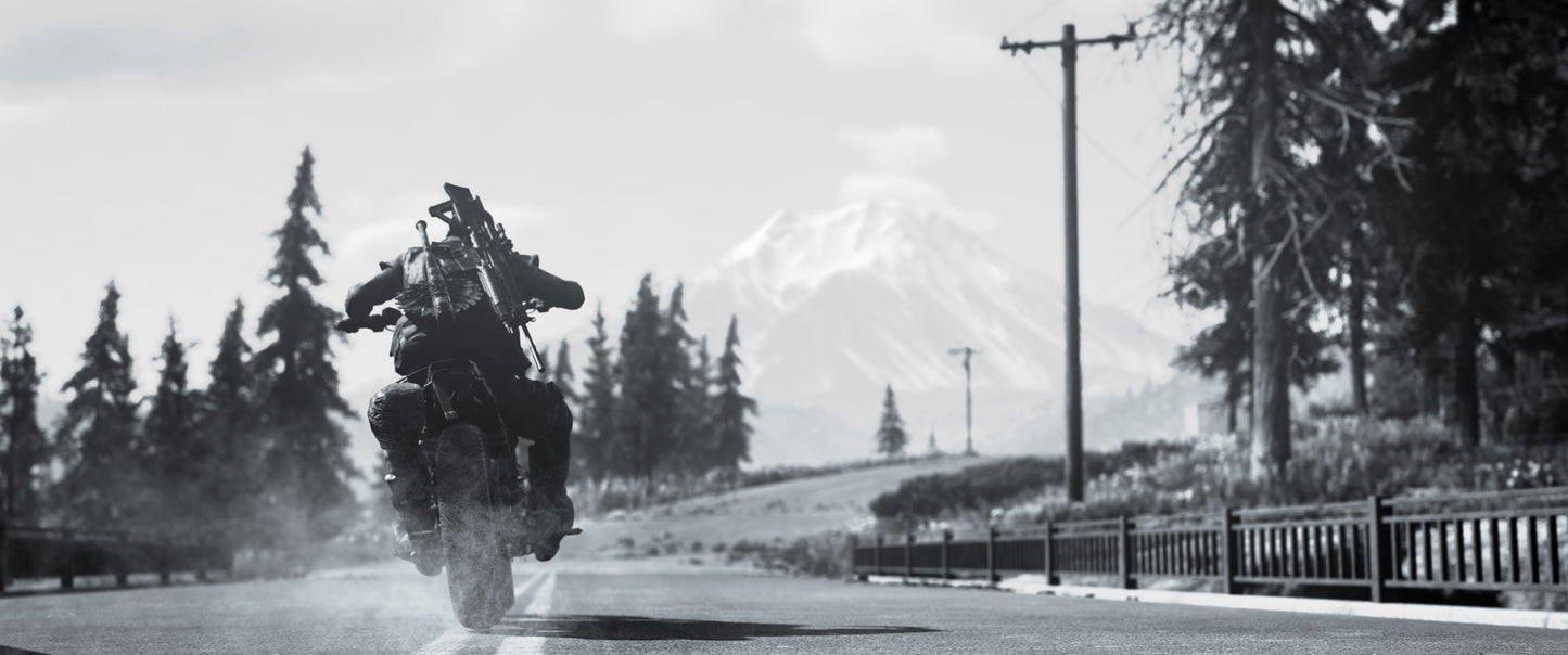 Person riding a motorcycle on a road with trees and mountains in the background