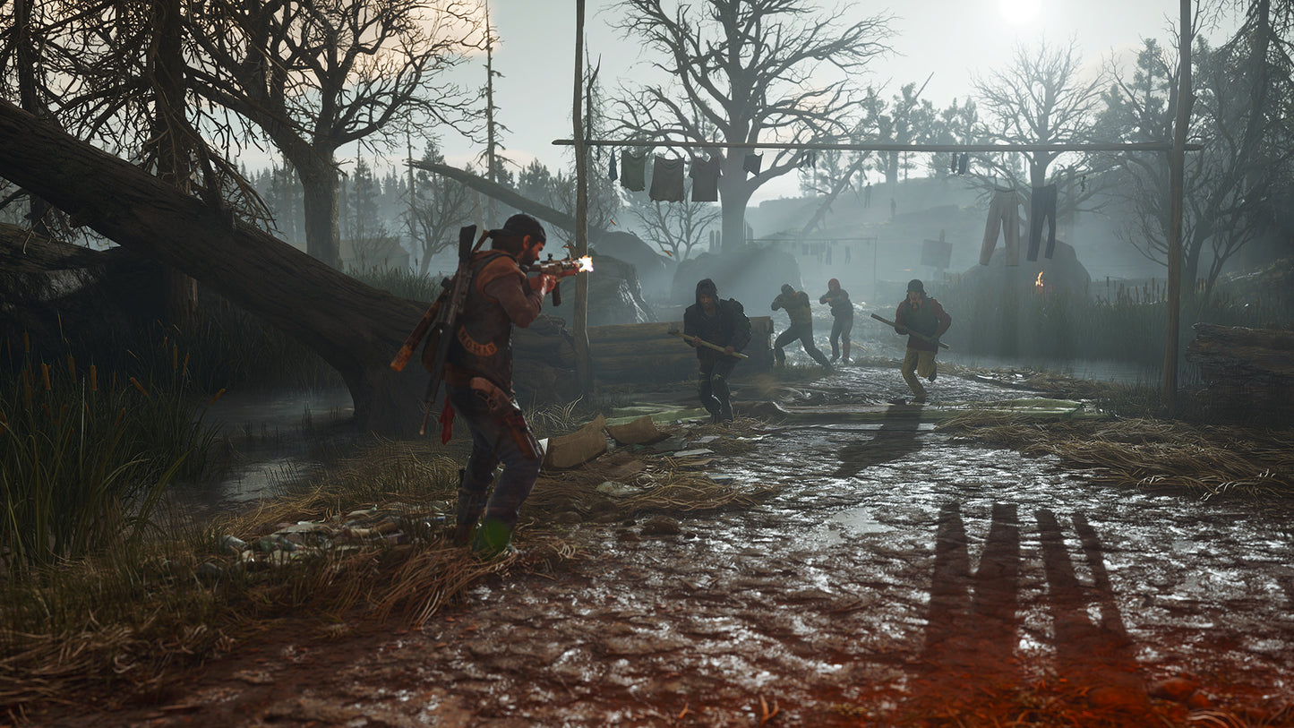Character in a post-apocalyptic setting with a gun, surrounded by trees and ruins.