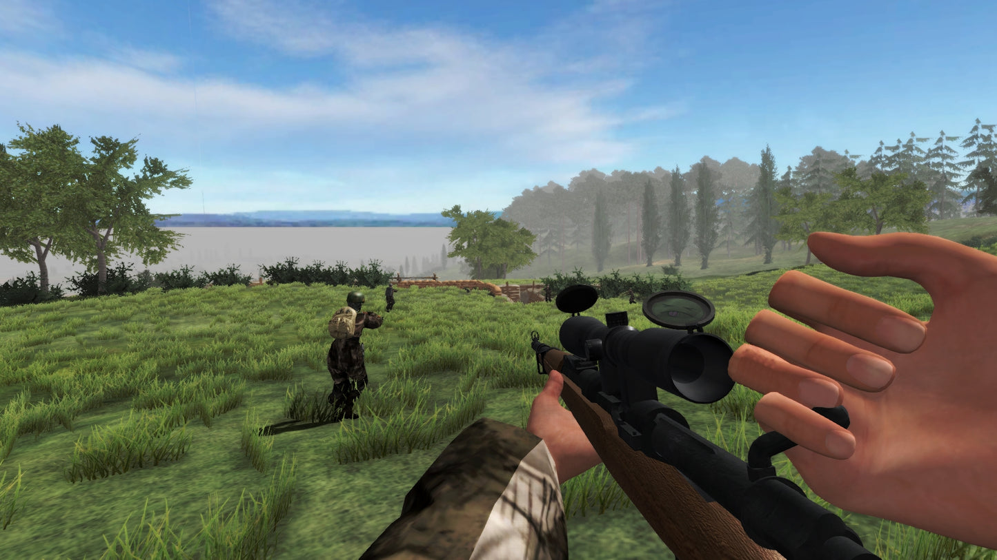First-person shooter game scene with a rifle and character in a grassy field.
