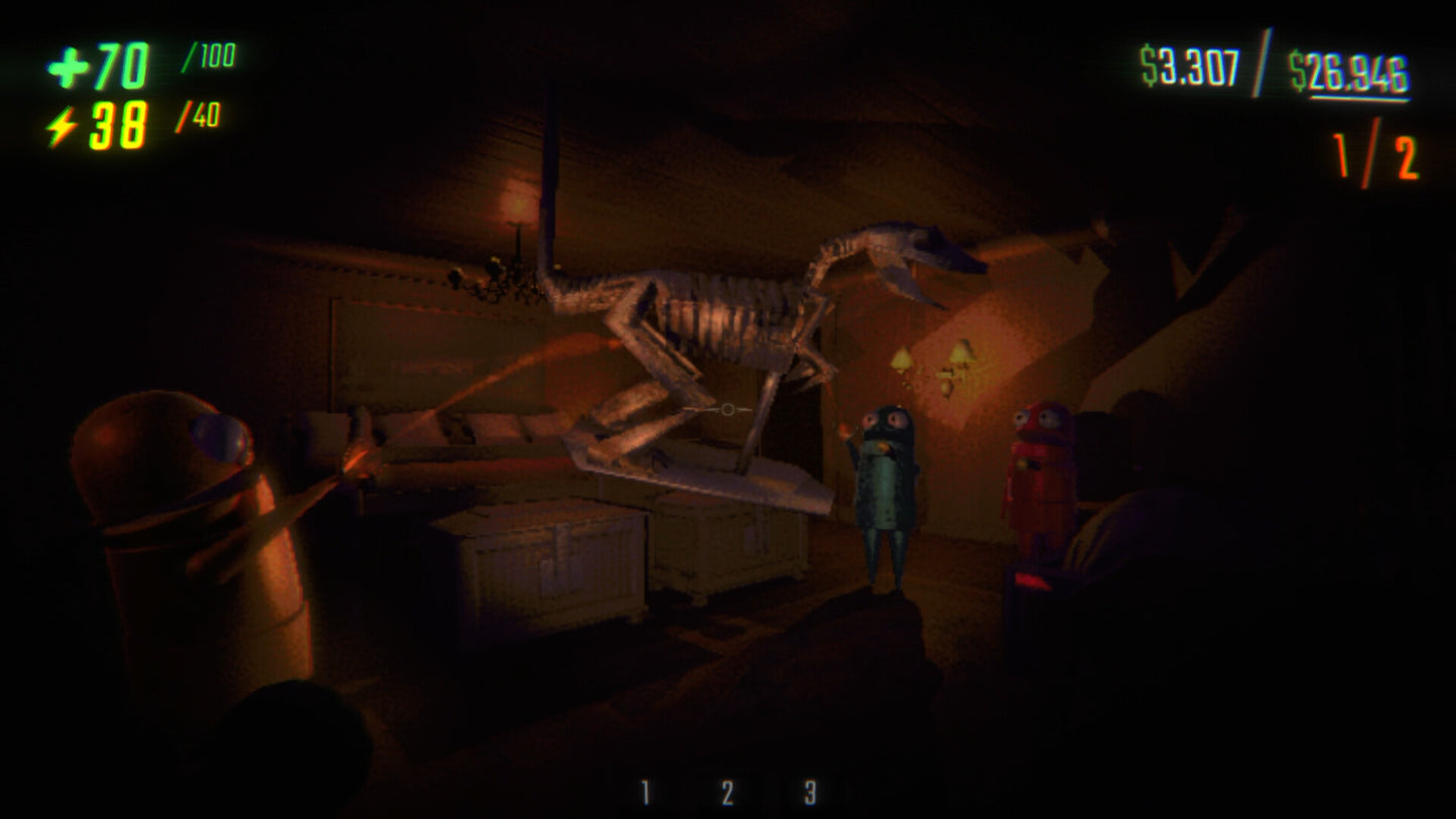 Dark room with a skeleton and two characters, possibly from a video game.