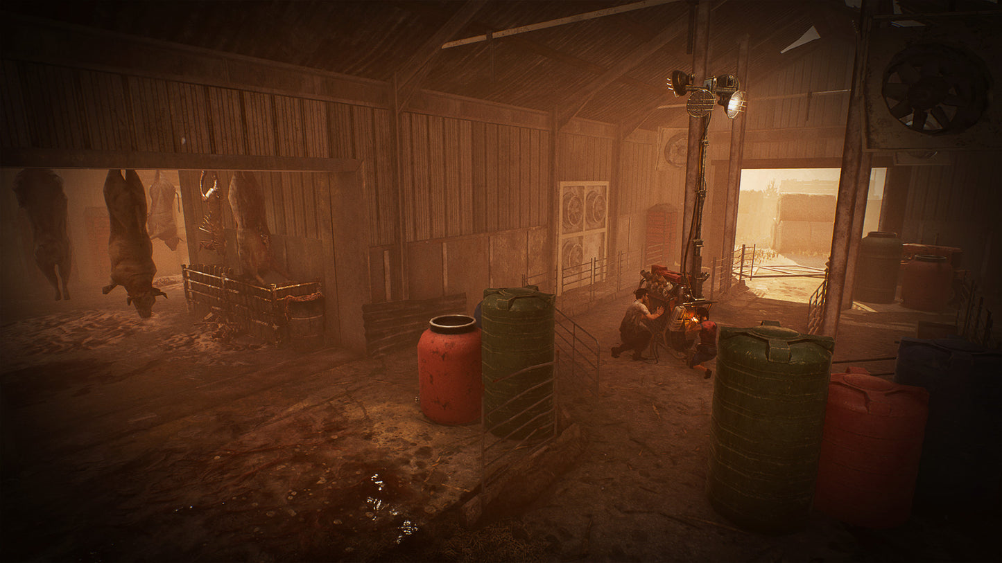 Dusty interior of a wooden cabin with various items and a window showing a snowy landscape.