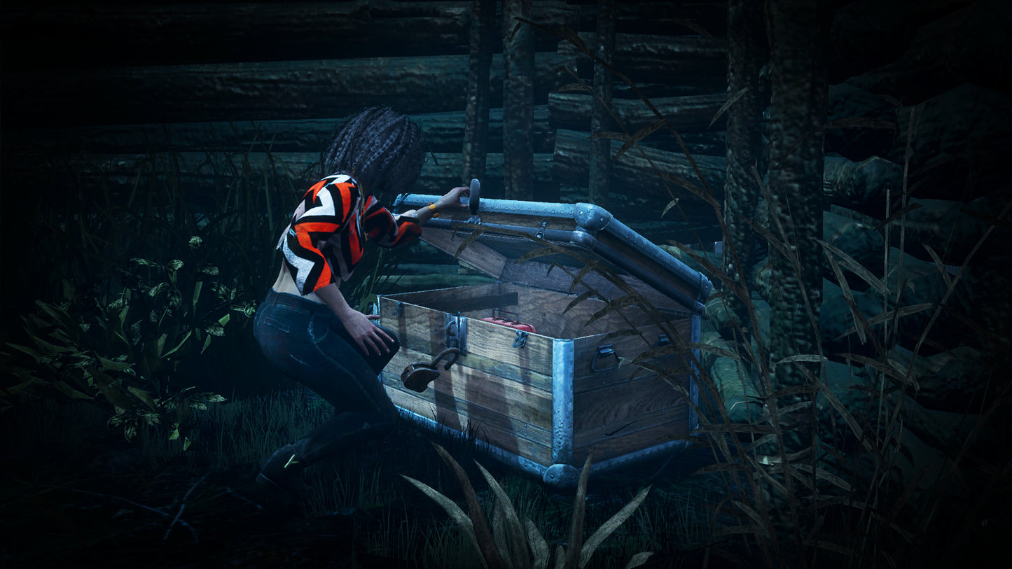 Person in a striped shirt interacting with a wooden crate in a dark, forest-like setting