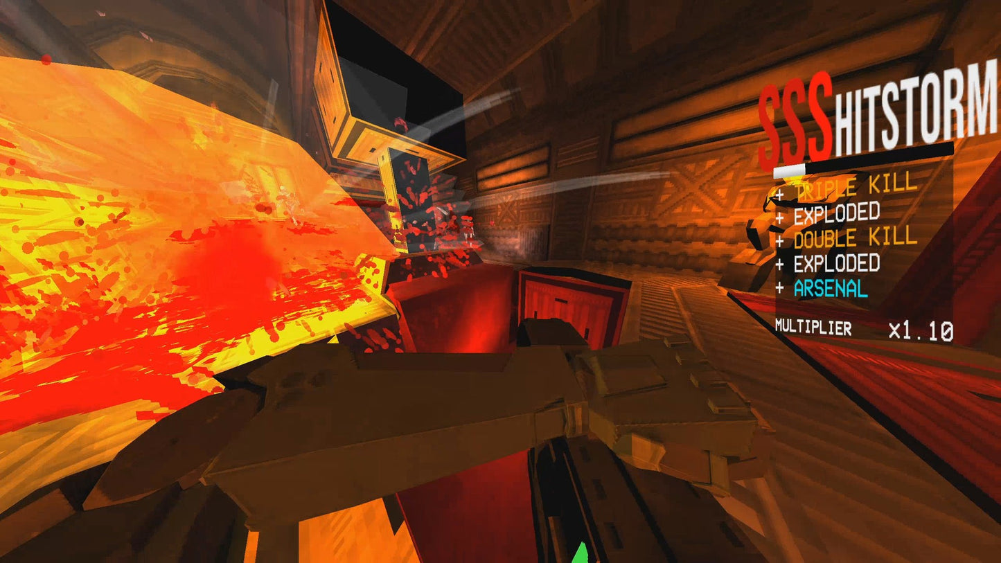 First-person shooter game scene with gun and fiery explosion