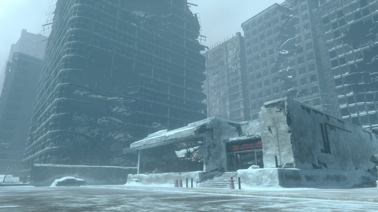Snow-covered urban scene with tall buildings and a small structure in the foreground.