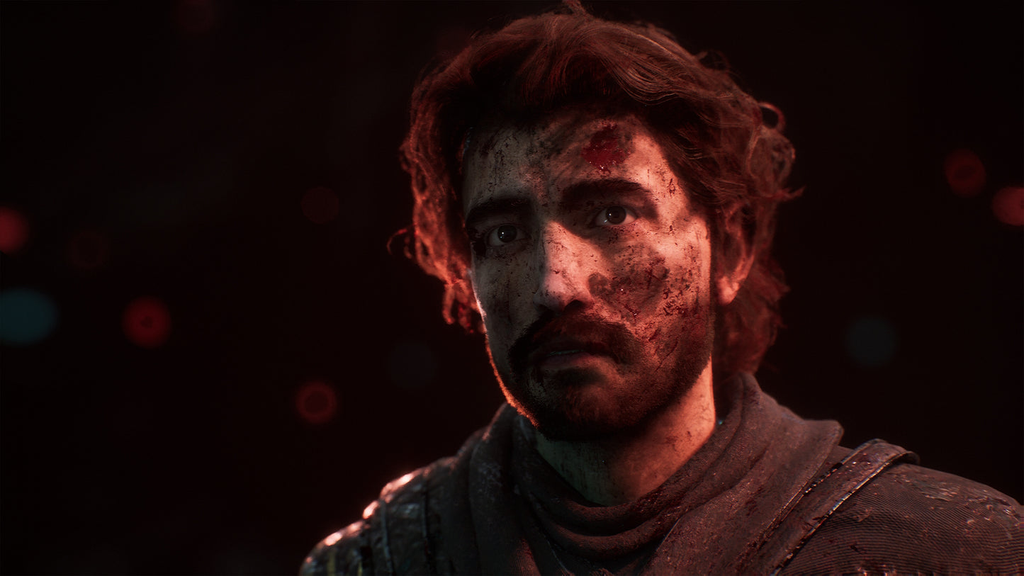 Character with a serious expression against a dark background