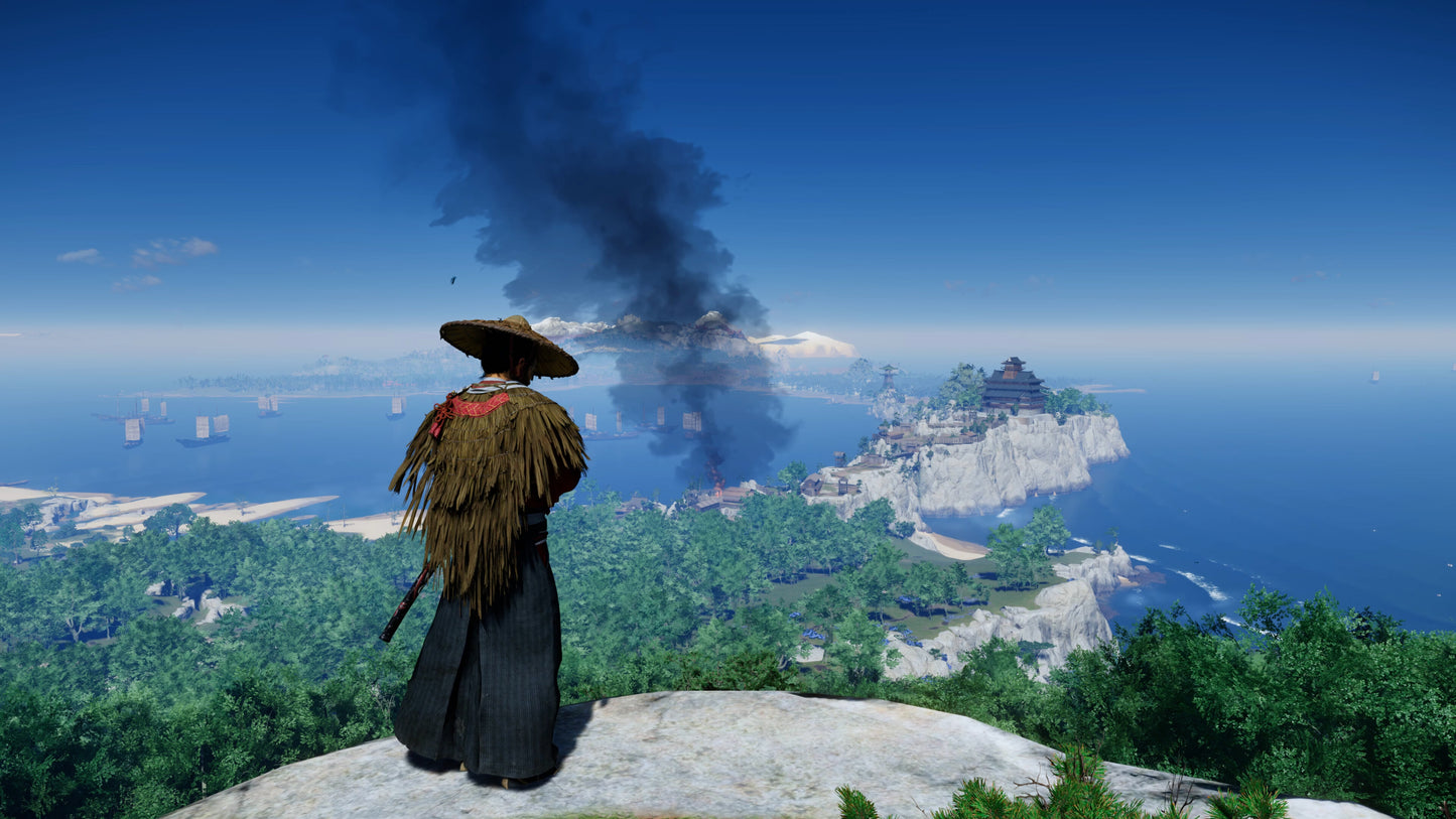 Person in traditional attire overlooking a scenic landscape with a large cloud of smoke in the distance.