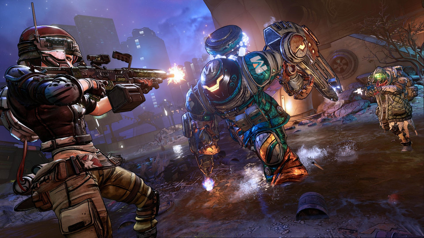 Sci-fi battle scene with characters in futuristic armor and weapons.