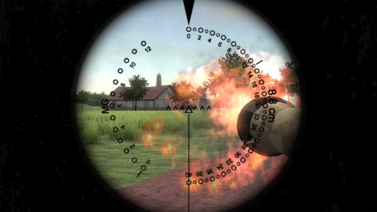 Sightseeing through a scope at a burning building in a field