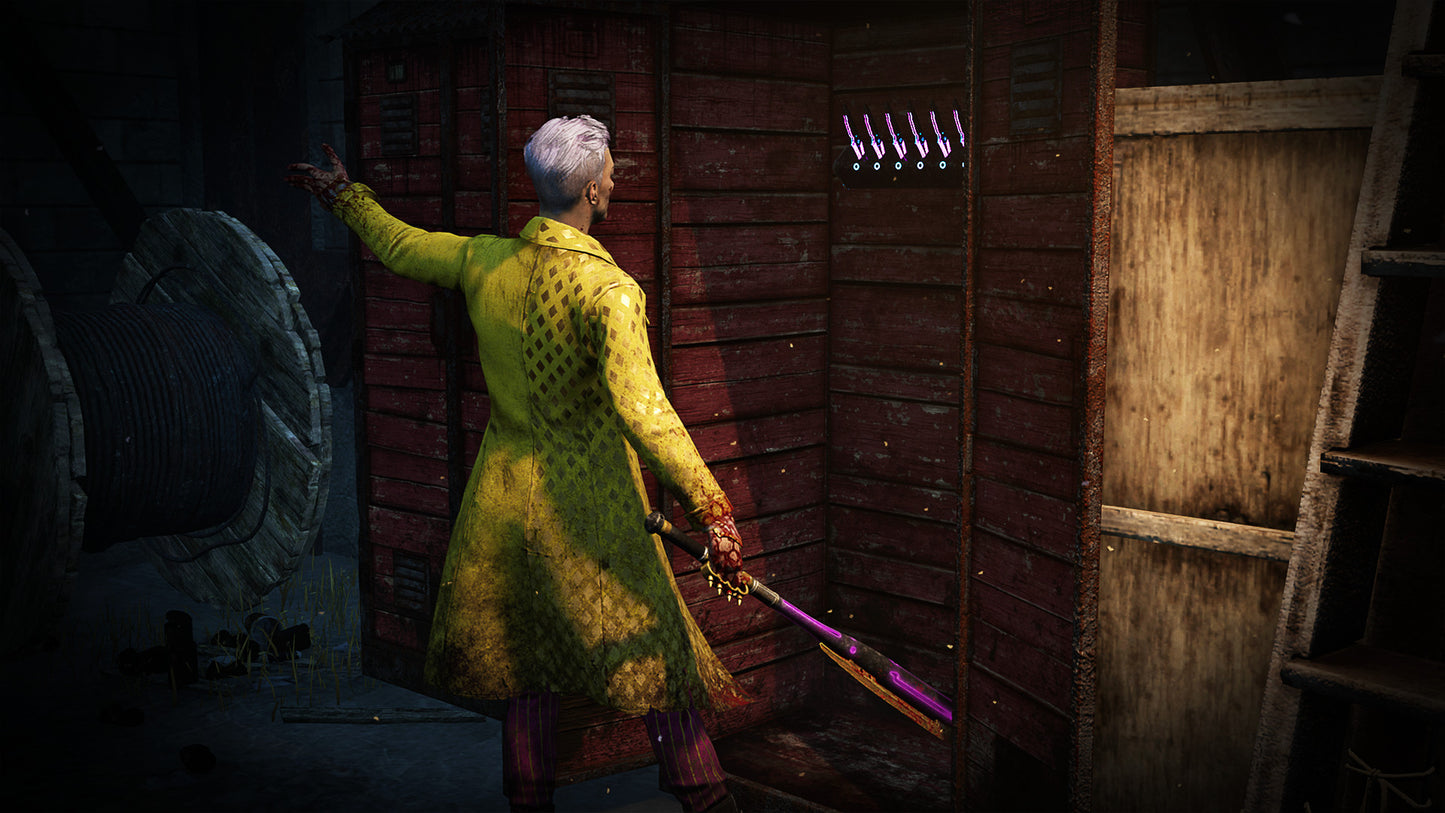 Person in a yellow dress holding a weapon in a dimly lit room with wooden walls.