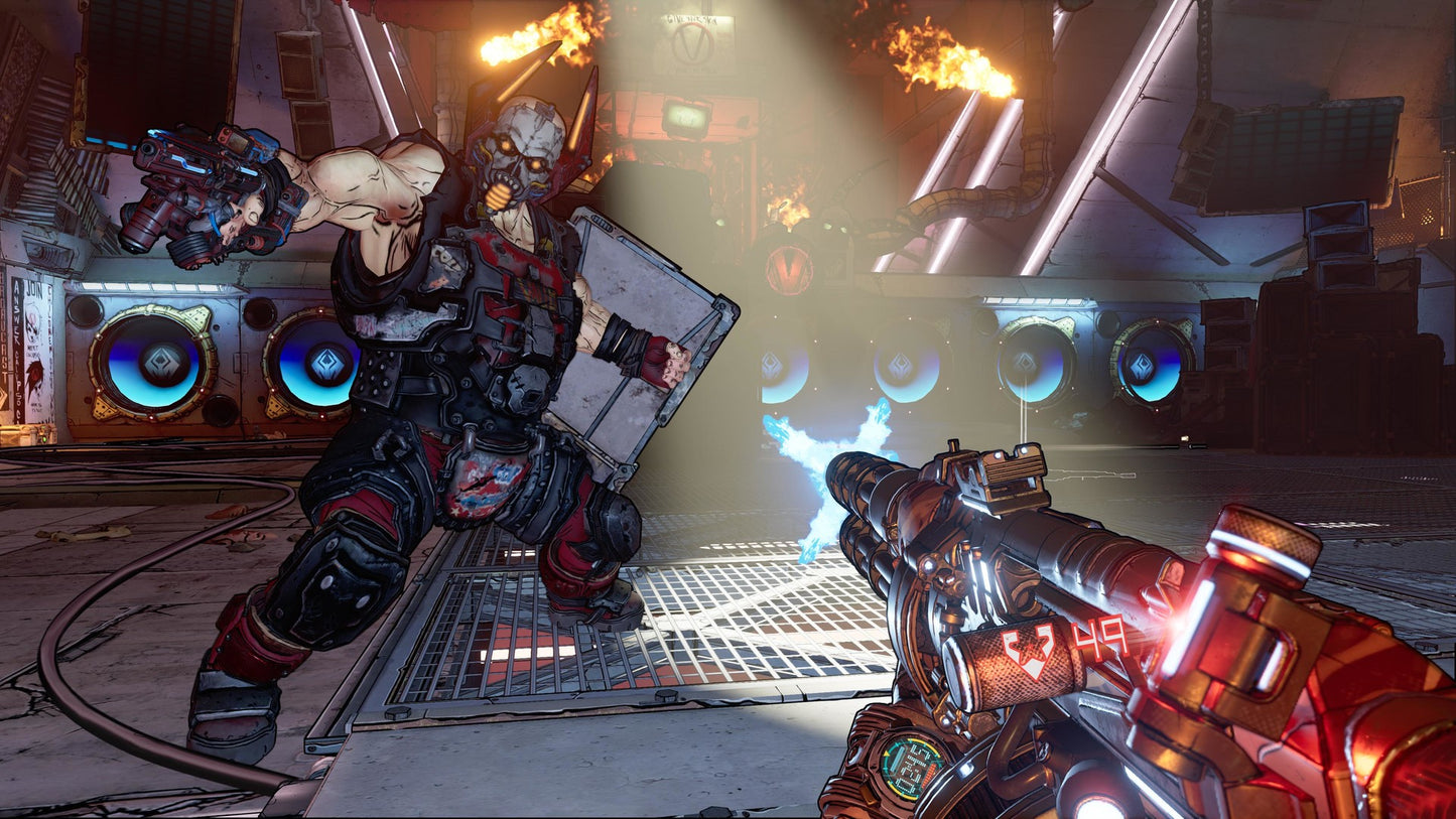 Two robotic characters in a futuristic setting with neon lights and advanced technology.