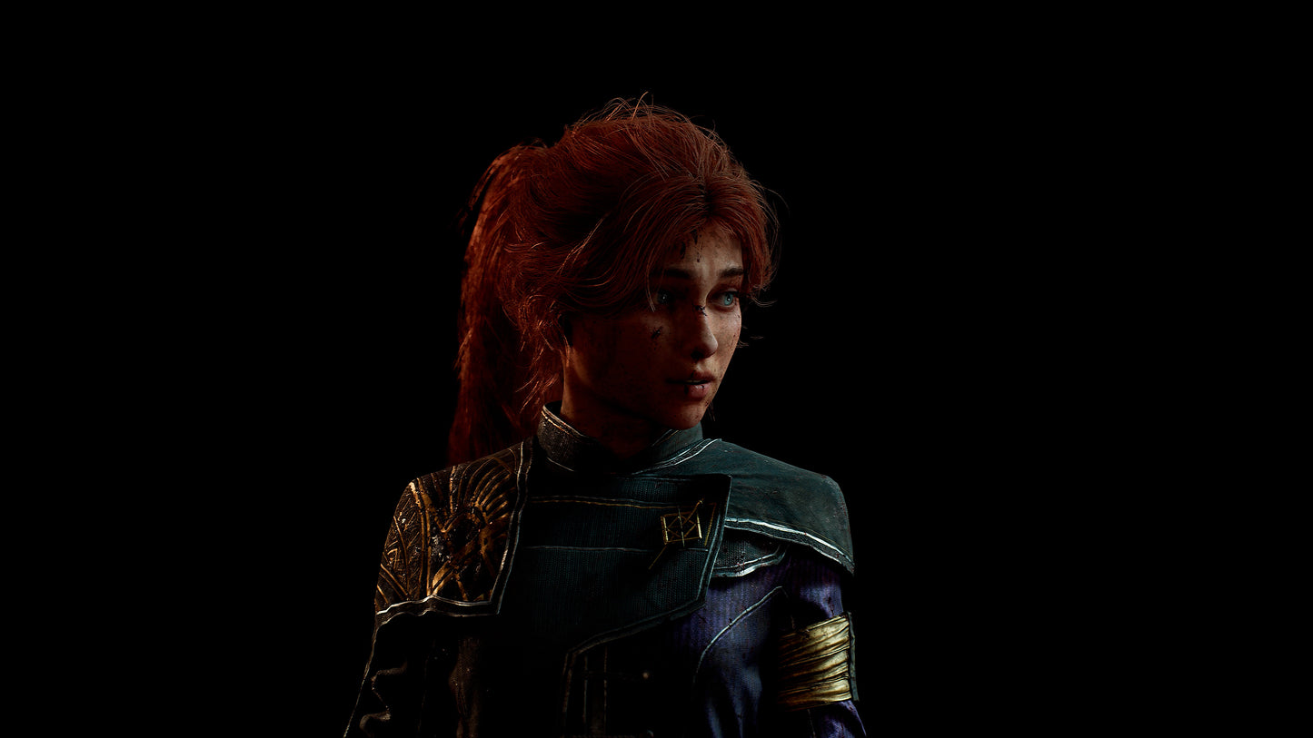 Person with red hair wearing a futuristic outfit against a black background