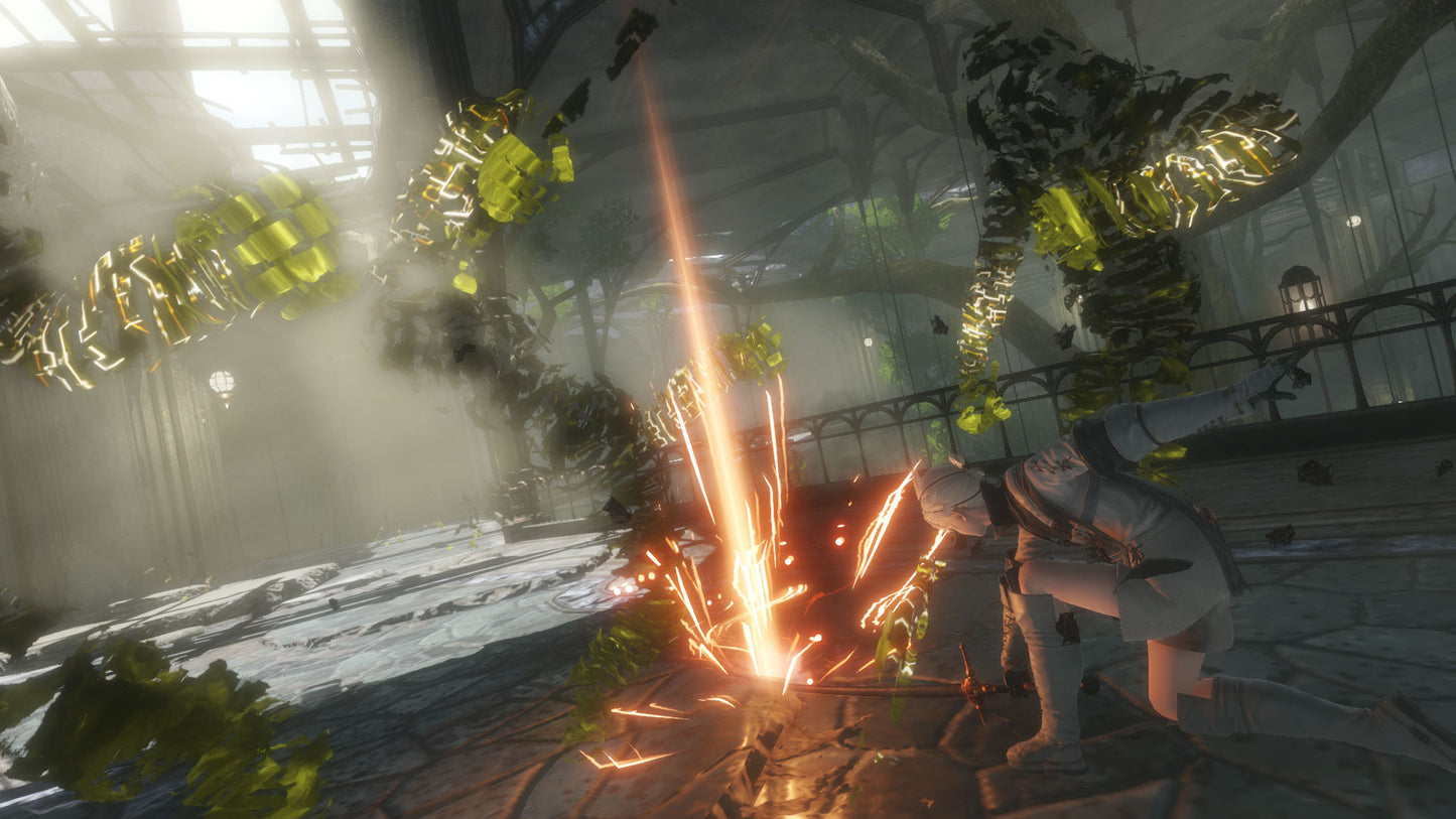 Sci-fi scene with a character holding a weapon emitting energy, surrounded by futuristic architecture and plants.