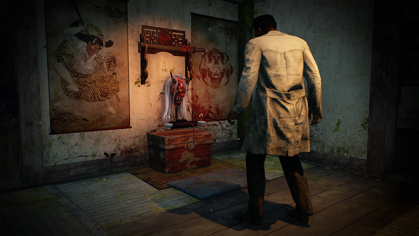 Person in a lab coat standing in a dimly lit room with religious iconography.