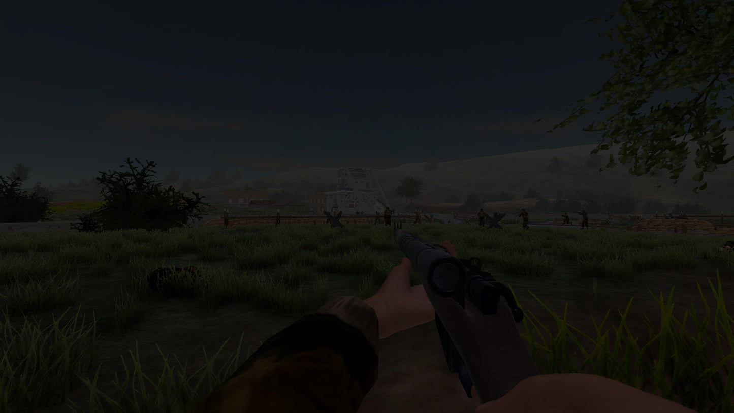 First-person view of a character holding a gun in a grassy field with trees in the background