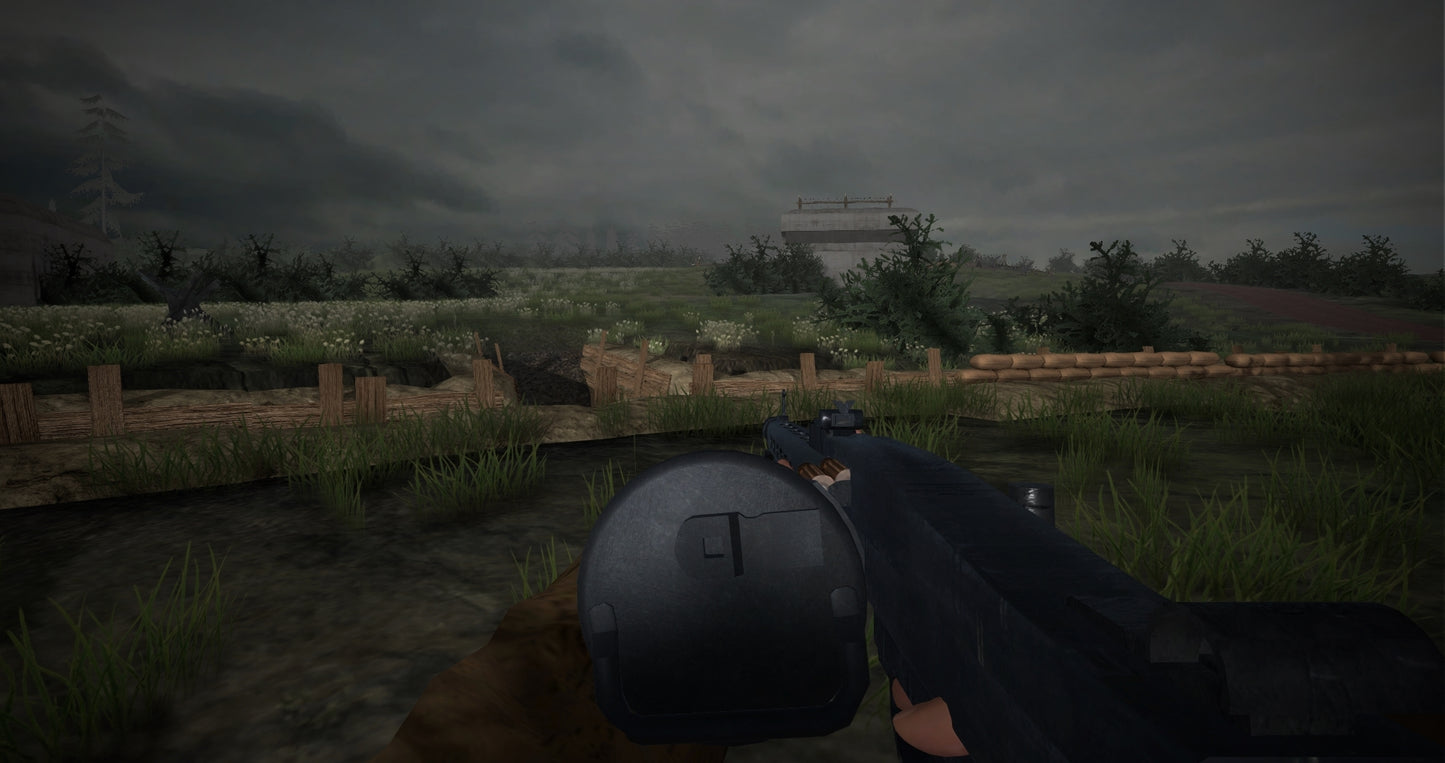 First-person view of a character holding a gun in a grassy field with wooden structures and mountains in the background.
