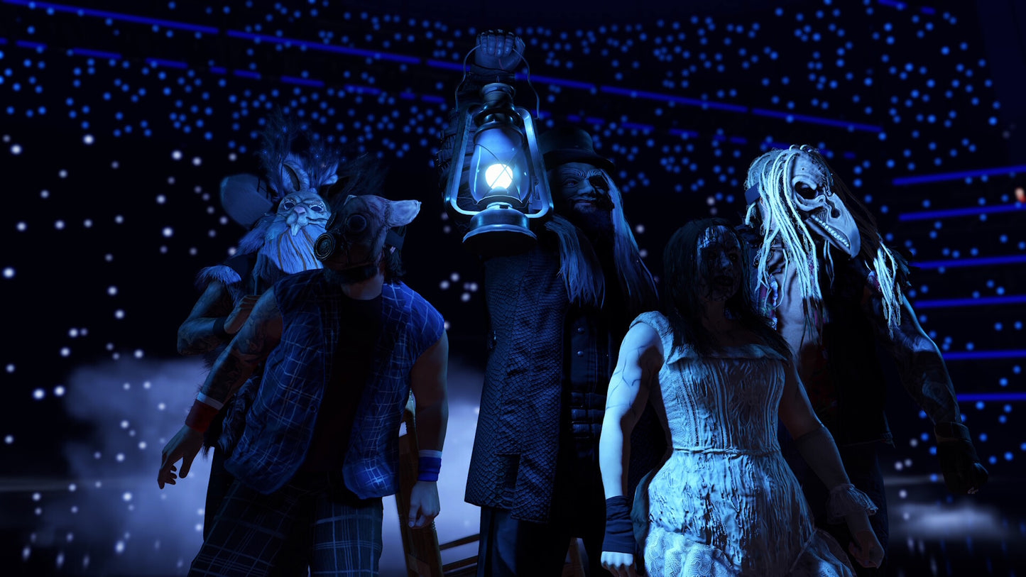 Group of people in costumes with a lantern against a starry night sky backdrop