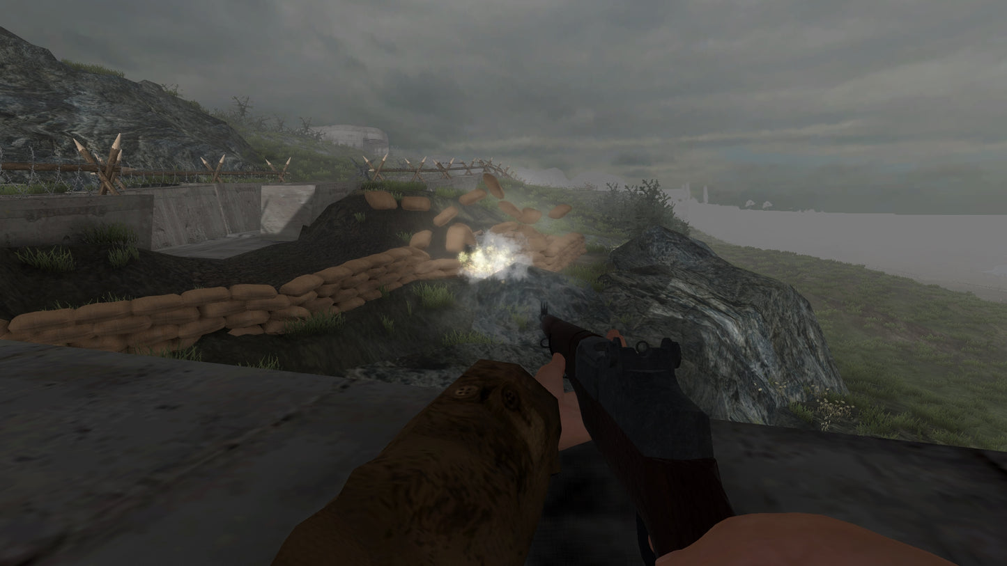 First-person view of a gun being fired in a video game setting with a landscape in the background.