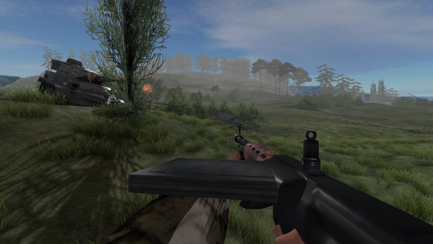 First-person view of a gun in a virtual environment with grass, trees, and a vehicle.