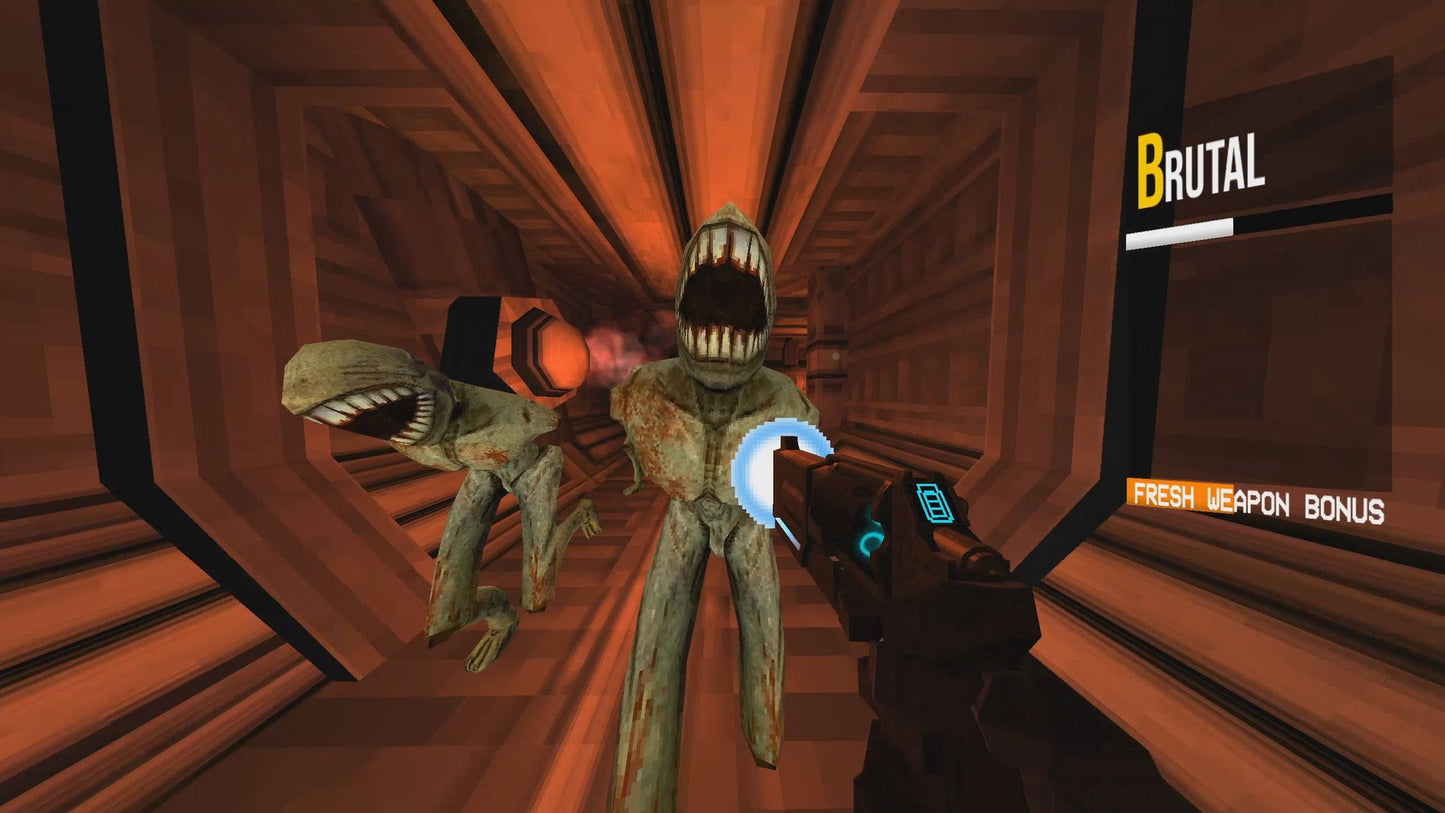 Video game scene with a creature and player character in a corridor.