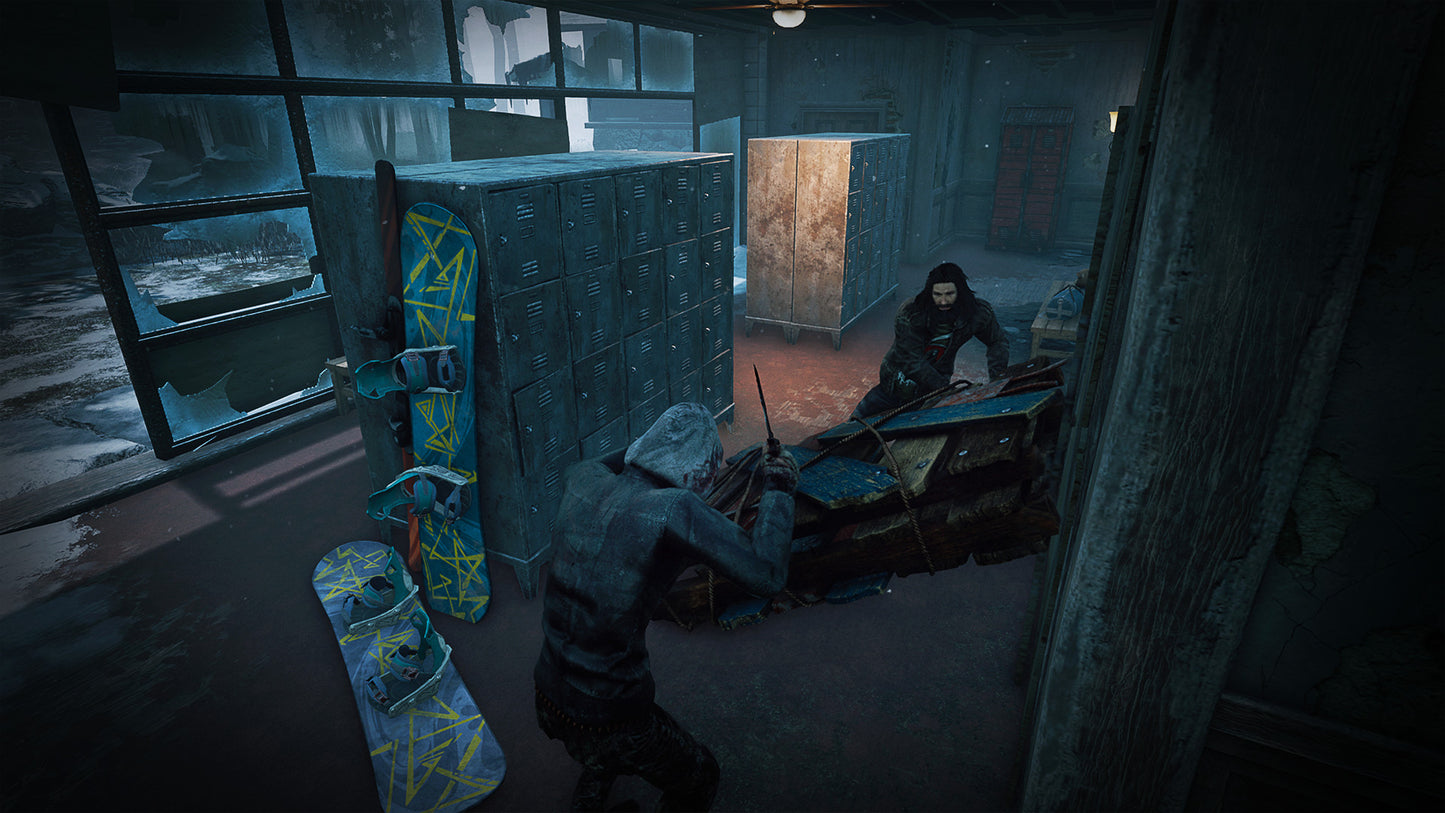 Dark, gritty scene with a person in a hooded outfit holding a weapon in a dimly lit room.