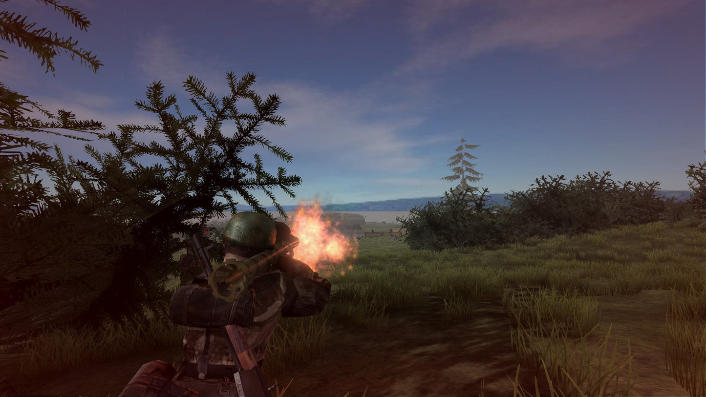 Gameplay scene with a character holding a flaming weapon in a forest setting