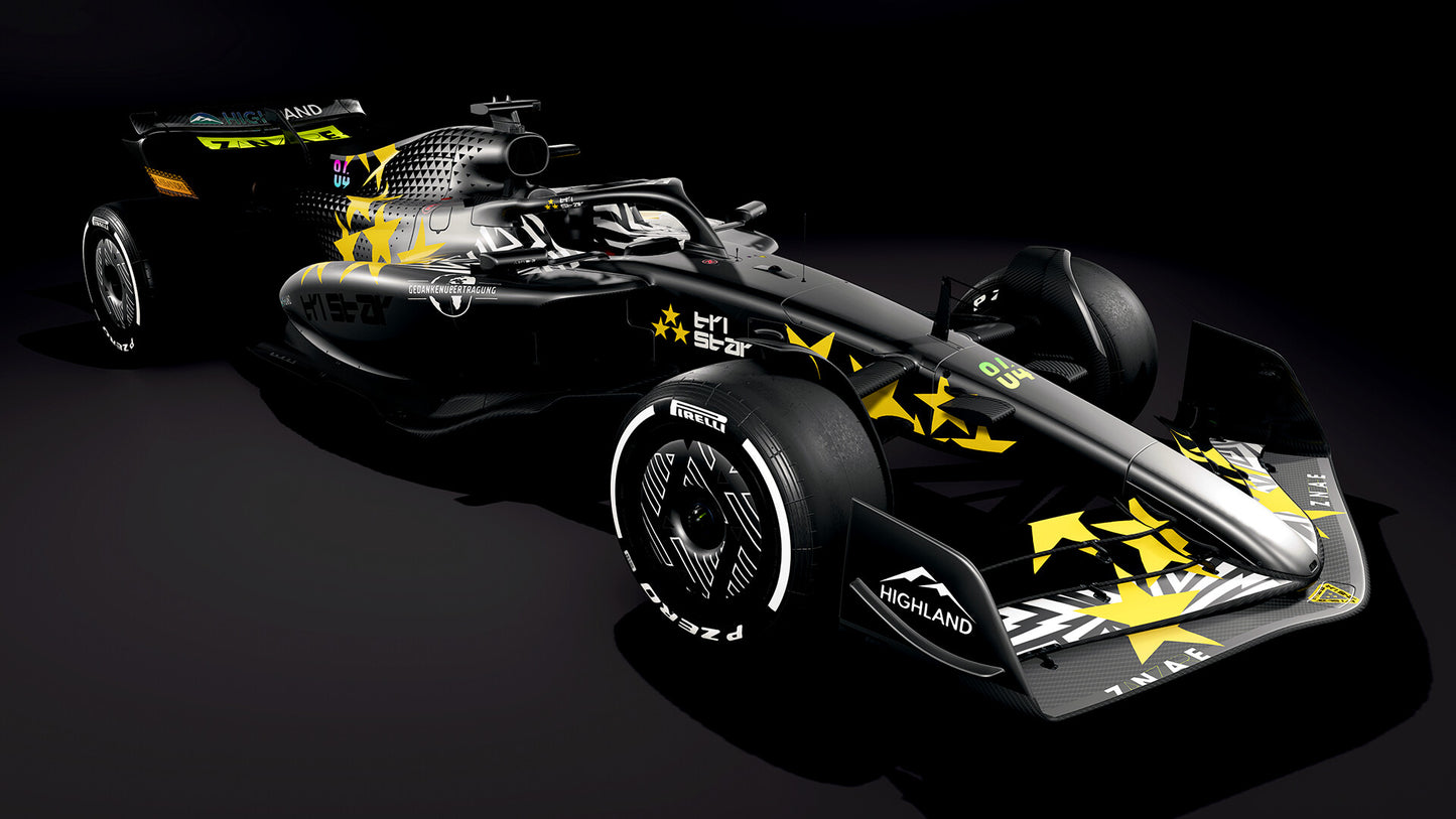 Black and yellow Formula 1 car on a dark background