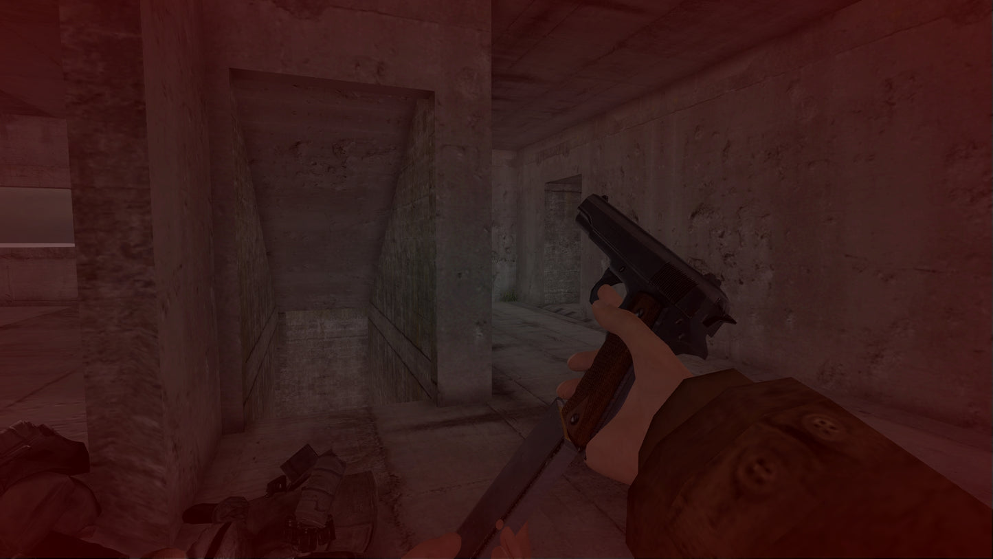 First-person view of a player holding a gun in a video game setting