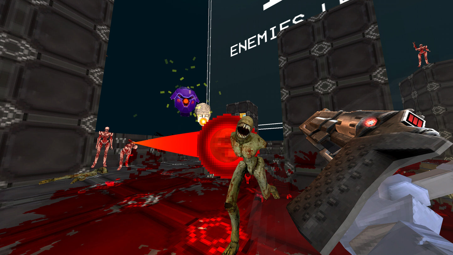 Screenshot of a first-person shooter game with enemies and player character on a dark background.