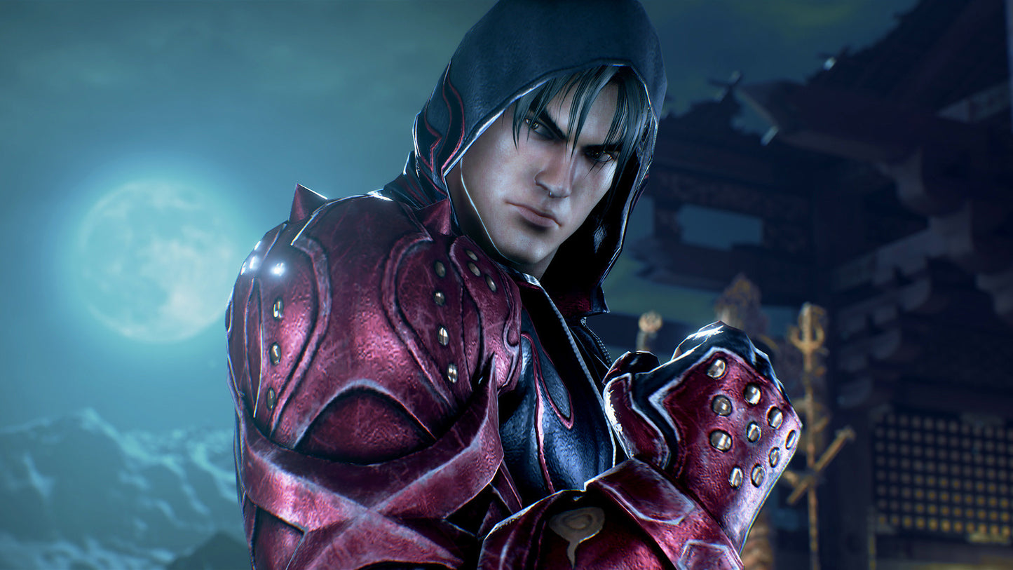 Character in red armor with a dark background