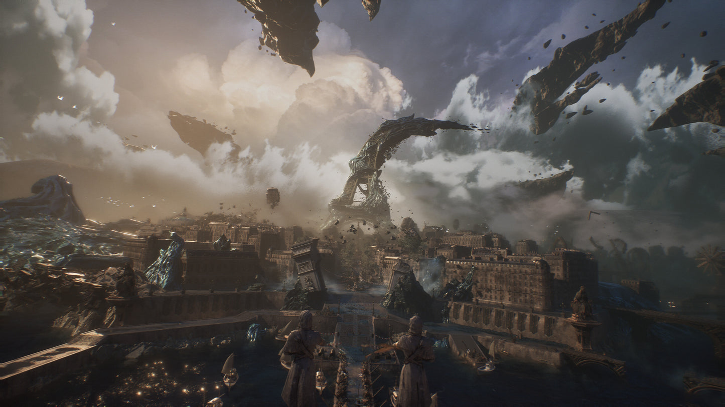 Dystopian cityscape with large creatures and floating platforms in a cloudy sky.