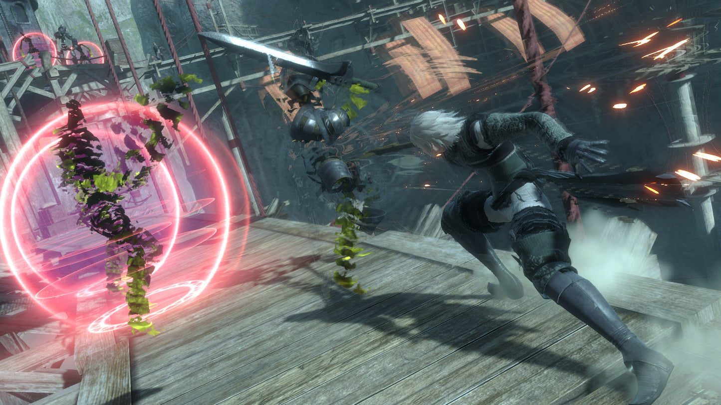 Character in a dark, industrial setting with a glowing pink circle and weapon.
