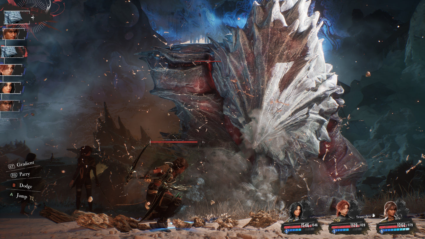 Game screen with character selection and battle scene in a snowy landscape