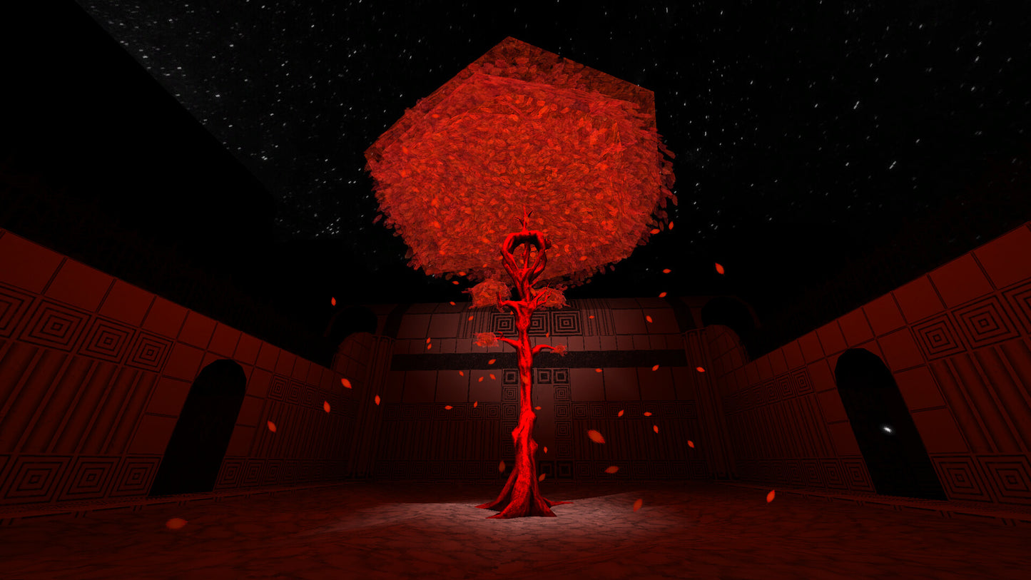 Red-themed scene with a person holding an umbrella in a dark room